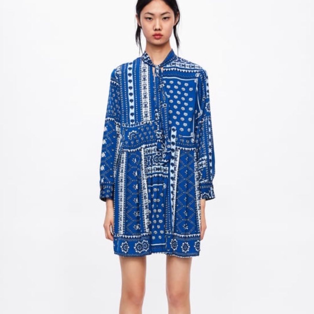 Zara short patchwork printed dress blue